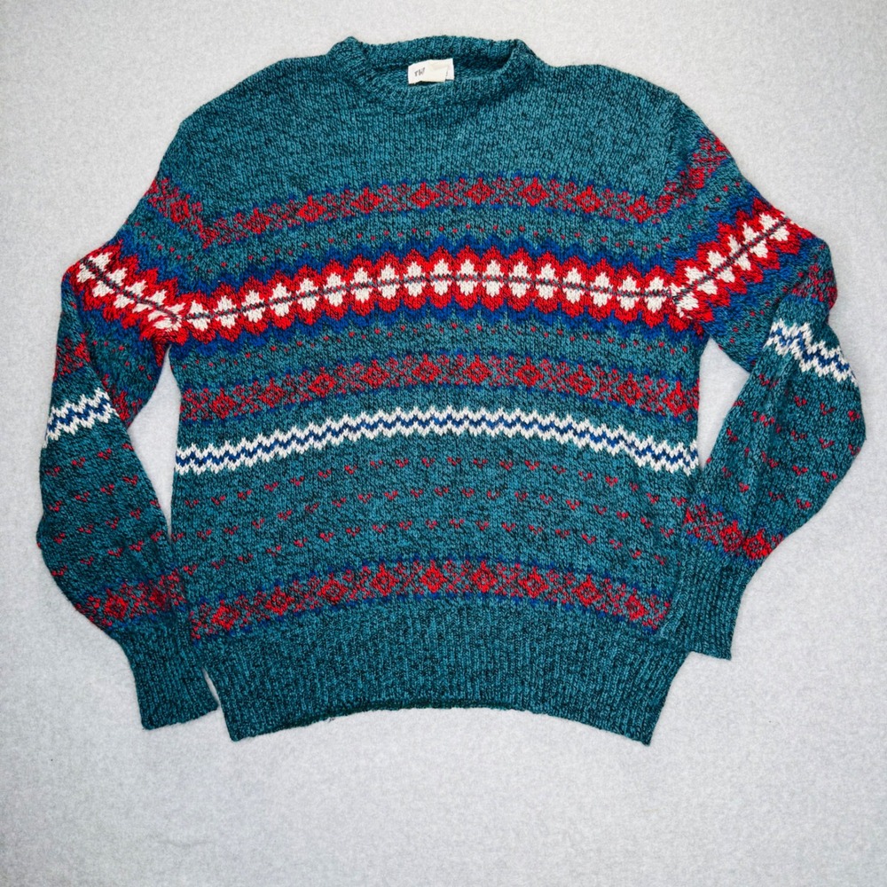 The Lodge Sweater Mens Large Teal Fair Isle Wool Blend Crew Neck USA Made
